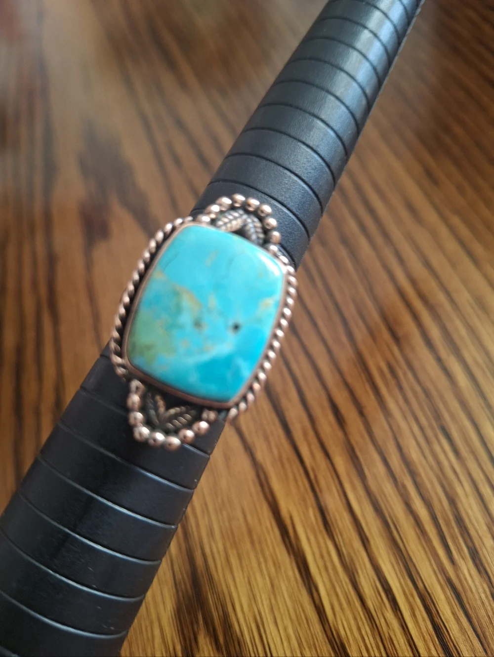Ring Large Turquoise Stone Set In Copper Frame And Adjustable Band 7-8-9 - Picture 4 of 5
